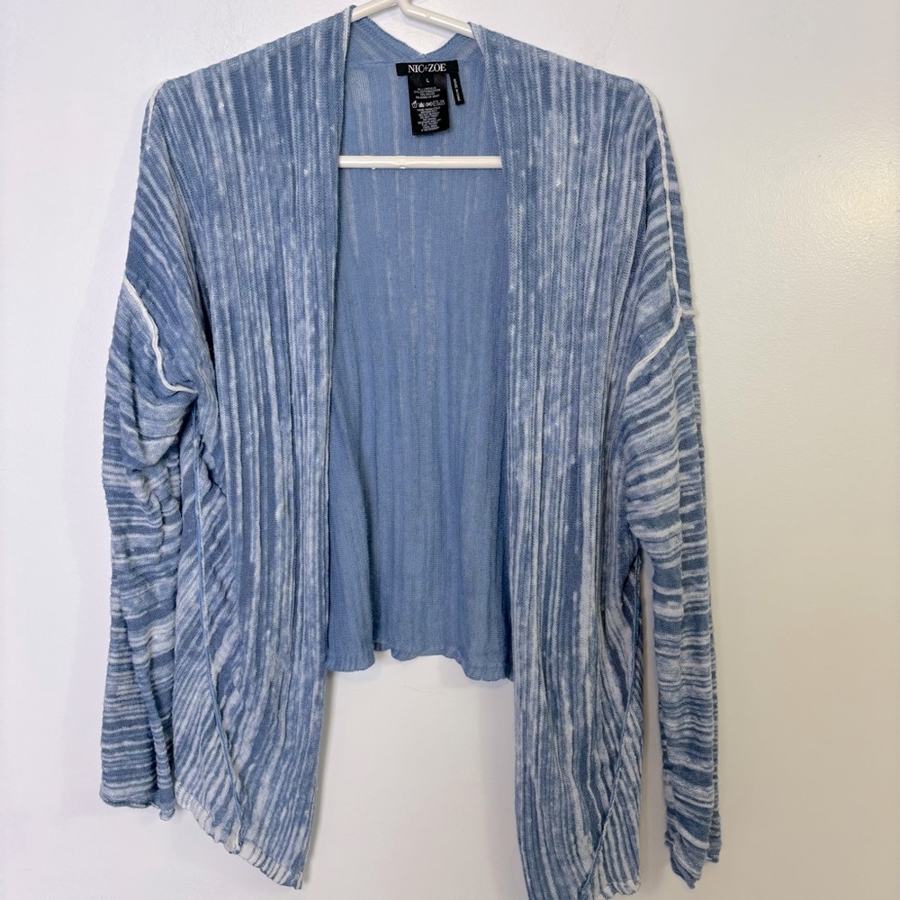 NIC+ZOE Blue White Linen Blend Open Front Cardigan Size L